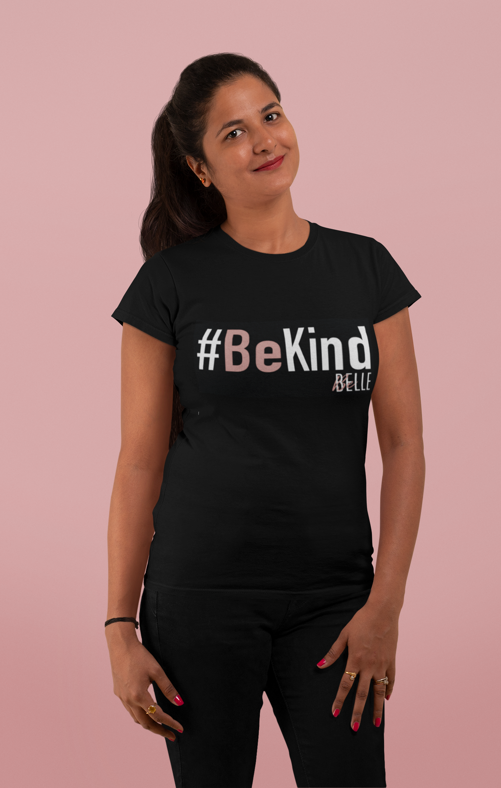 women wears black bebelle shirt with motivational quotes